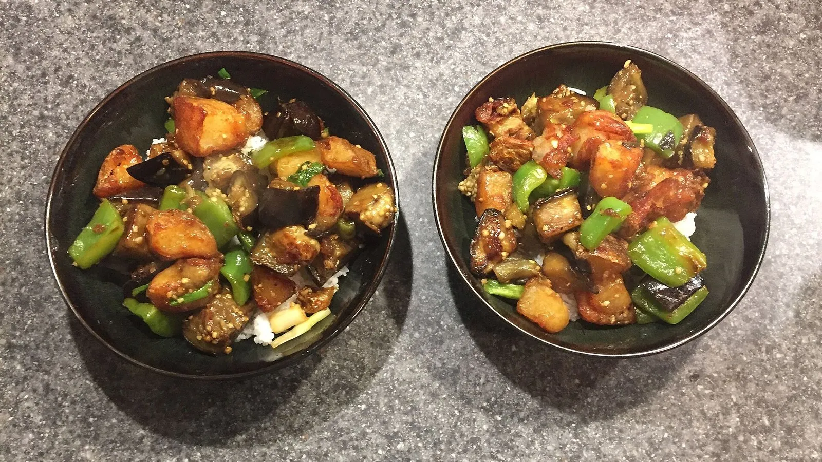 A plate of di san xian — fried potato, eggplant and green pepper